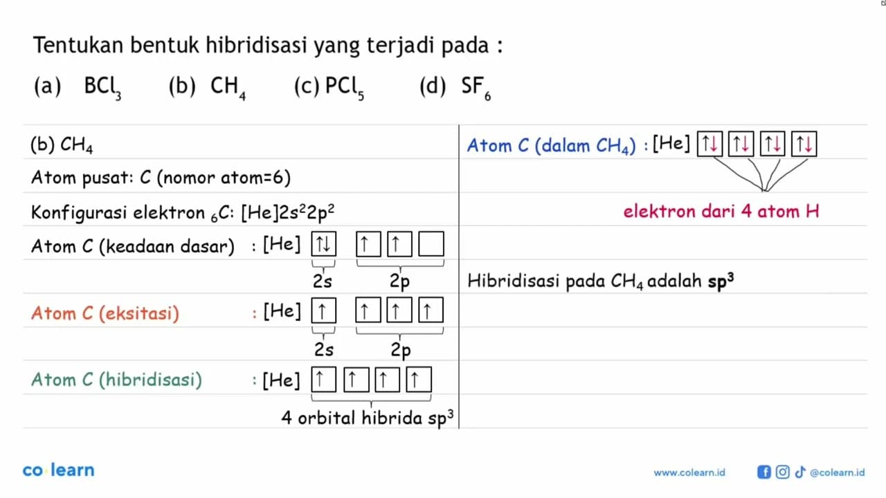 Tentukan bentuk hibridisasi yang terjadi pada : (a) BCl3