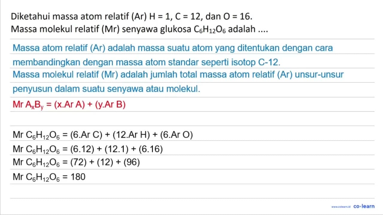 Diketahui massa atom relatif (Ar) H=1, C=12 , dan O=16 .