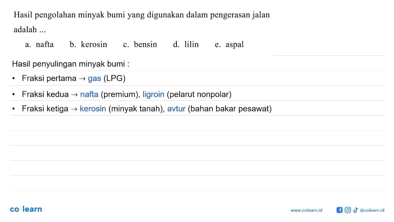 Hasil pengolahan minyak bumi yang digunakan dalam