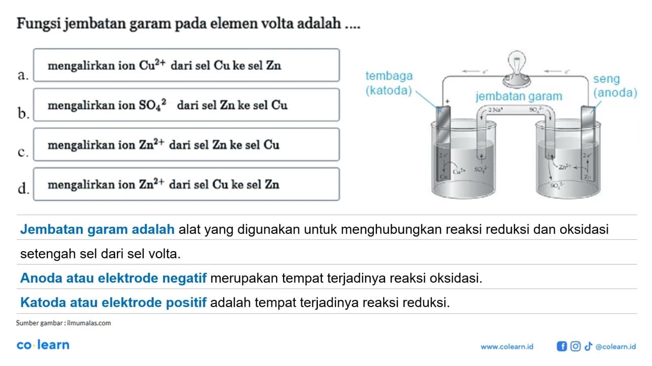 Fungsi jembatan garam pada elemen volta adalah ....