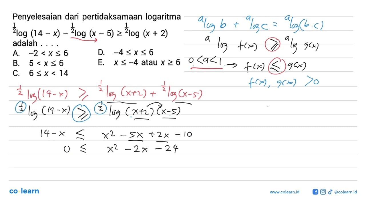 Penyelesaian dari pertidaksamaan logaritma 1/2 log (14-x)-