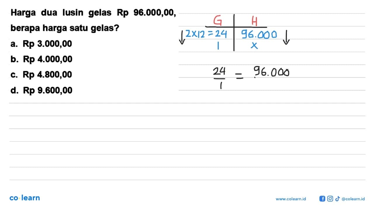 Harga dua lusin gelas Rp 96.000,00, berapa harga satu