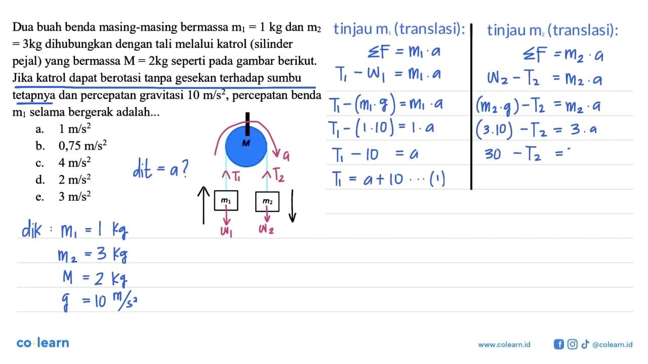 Dua buah benda masing-masing bermassa m1=1kg dan m2=3kg