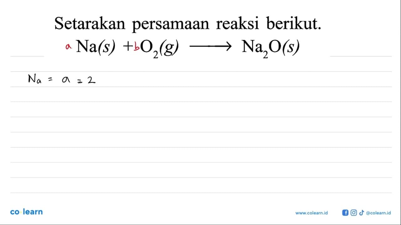 Setarakan persamaan reaksi berikut. Na(s)+O2(g) -> Na2O(s)