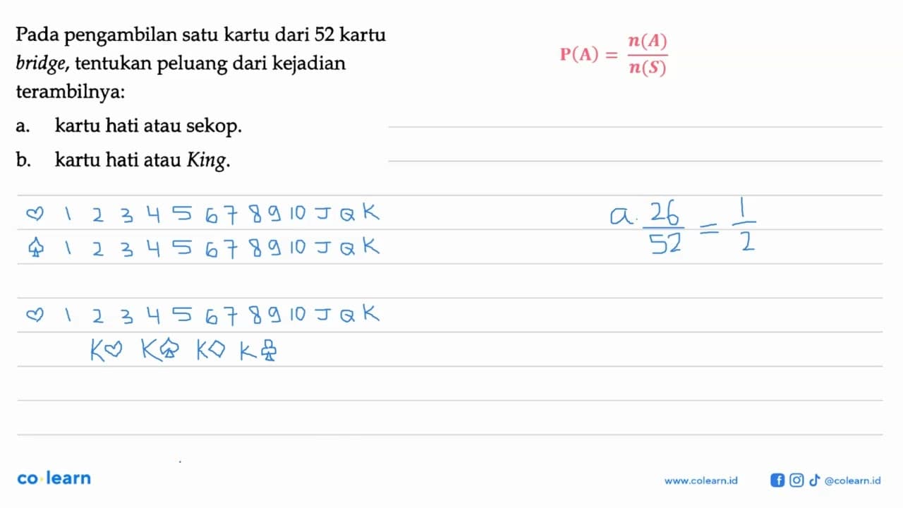 Pada pengambilan satu kartu dari 52 kartu bridge, tentukan