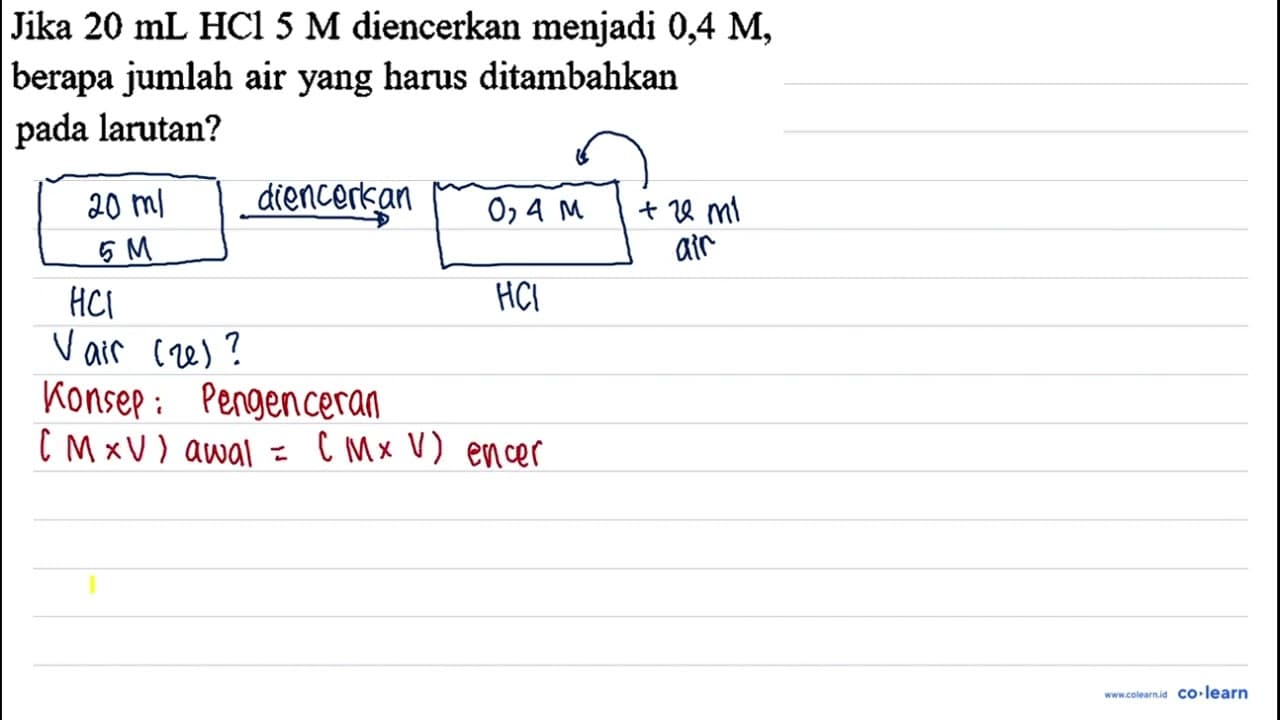 Jika 20 ~mL HCl 5 M diencerkan menjadi 0,4 M, berapa jumlah