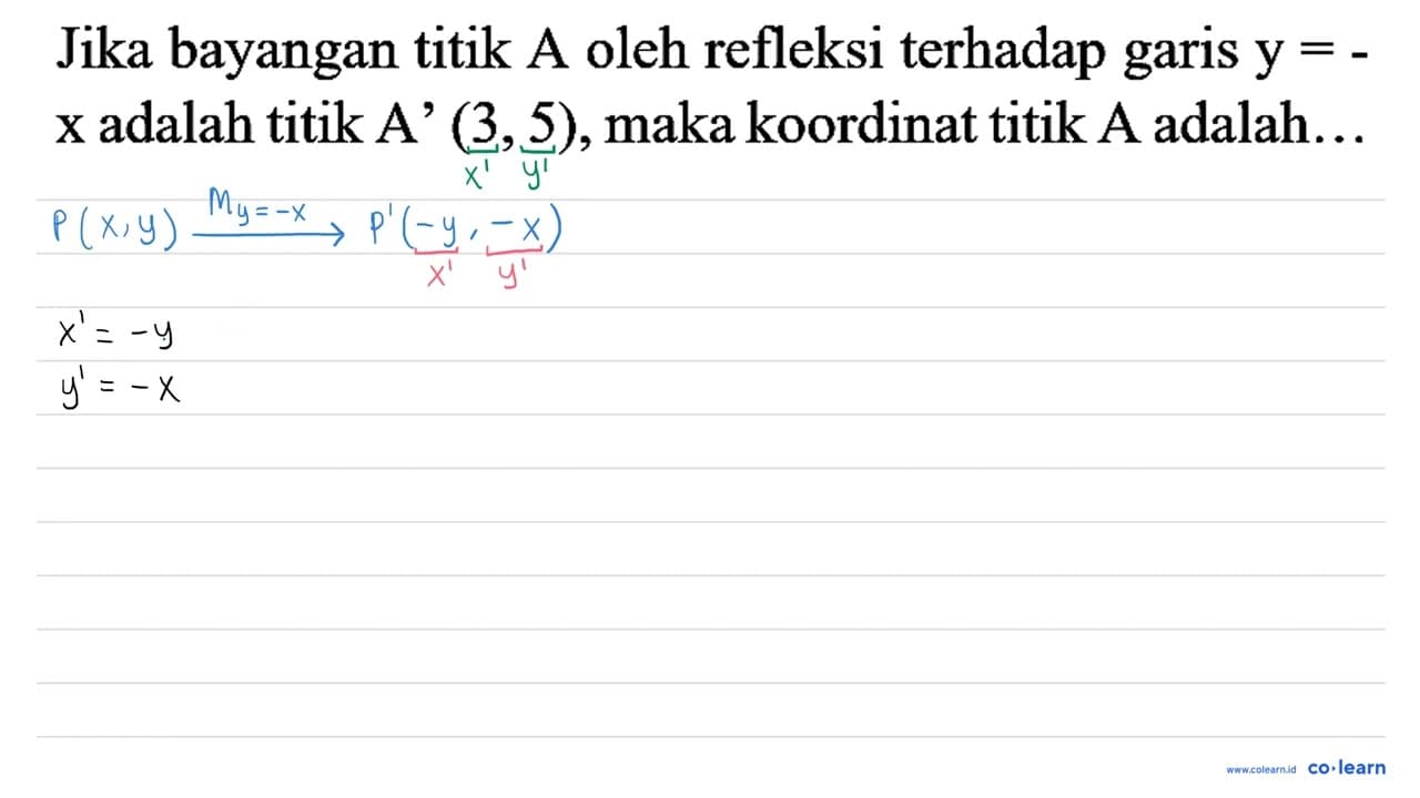 Jika bayangan titik A oleh refleksi terhadap garis y=-x