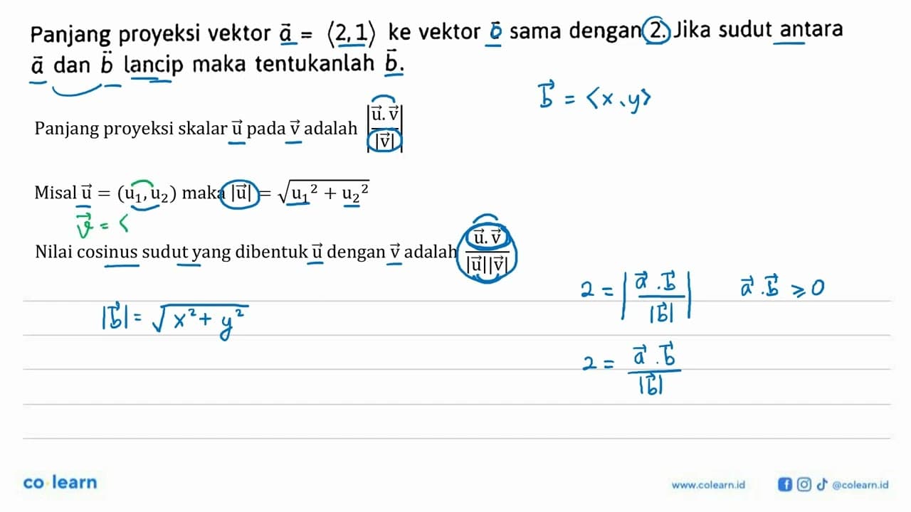 Panjang proyeksi vektor a=(2,1) ke vektor c sama dengan 2.