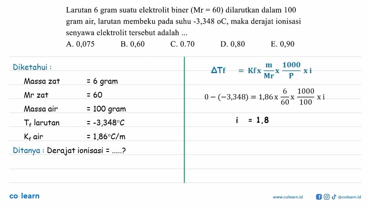 Larutan 6 gram suatu elektrolit biner (Mr=60) dilarutkan