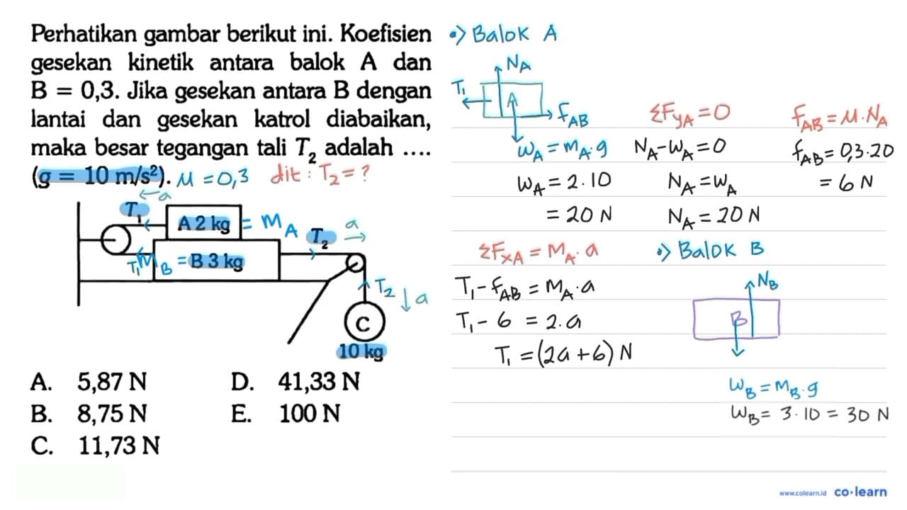 Koefisien gesekan kinetis antara balok A dan B adalah 0,3 .