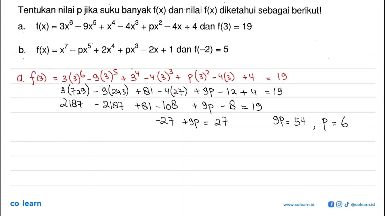 Tentukan nilai p jika suku banyak f(x) dan nilai f(x)