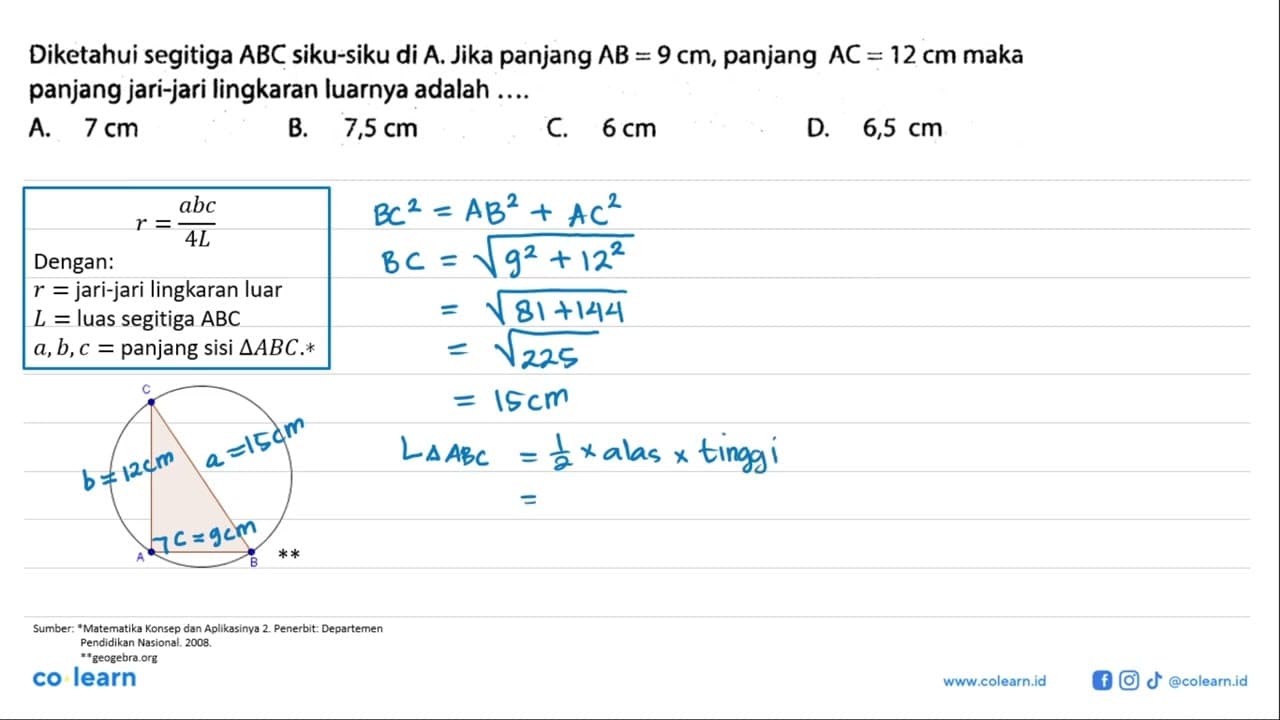 Diketahui segitiga ABC siku-siku di A . Jika panjang AB=9