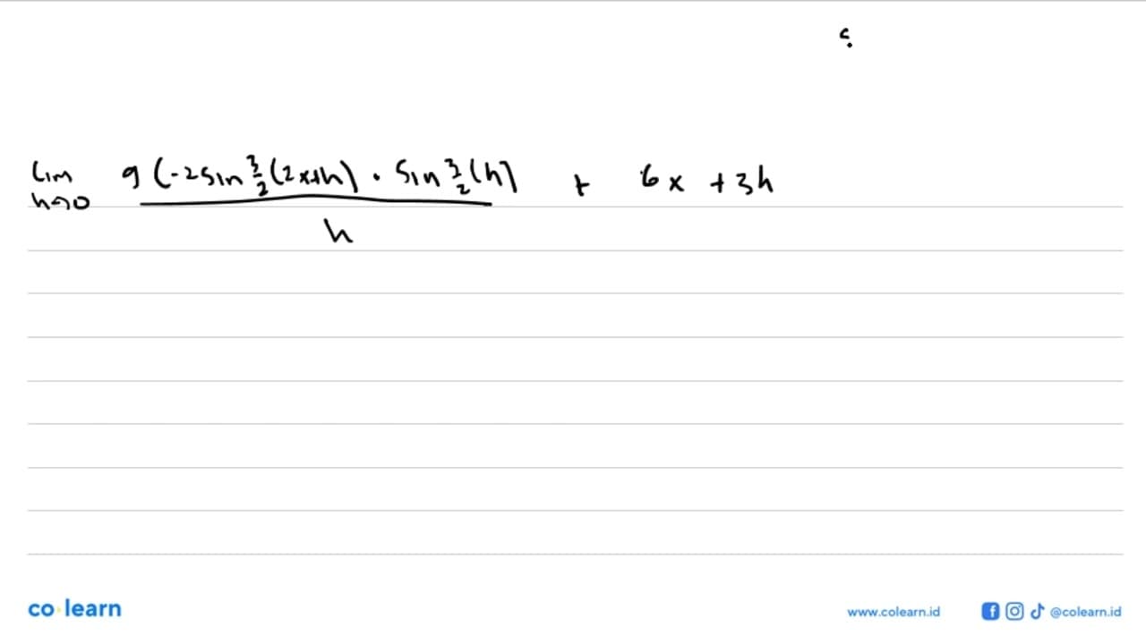 Tentukan turunan pertama fungsi f(x)=9 cos 3x+3x^2 dengan