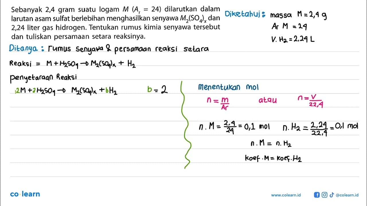 Sebanyak 2,4 gram suatu logam M(Ar=24) dilarutkan dalam