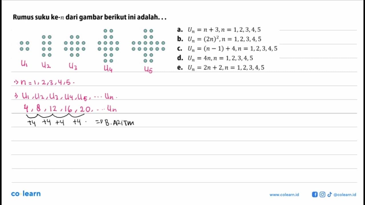 Rumus suku ke-n dari gambar berikut ini adalah. ..a, Un =