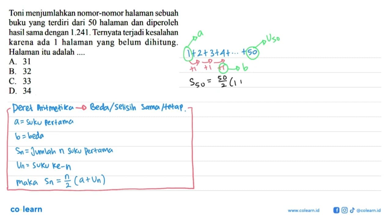 Toni menjumlahkan nomor-nomor halaman sebuah buku yang