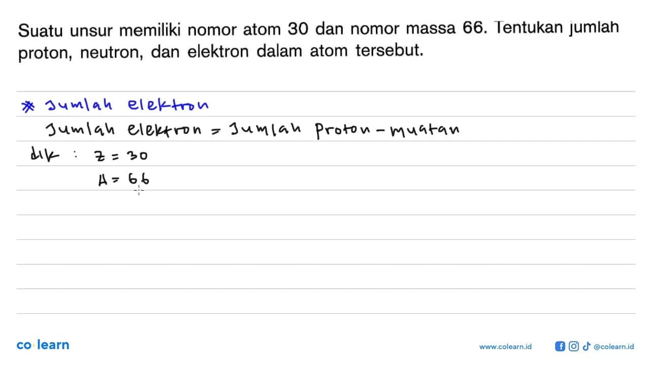 Suatu unsur memiliki nomor atom 30 dan nomor massa 66.