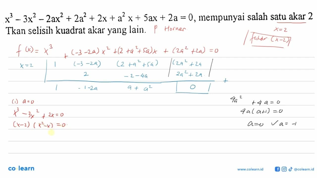 x^3-3x^2-2ax^2+2a^2+2x+a^2x+5ax+2a=0, mempunyai salah satu