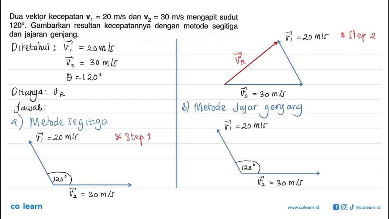 Dua vektor kecepatan v1 = 20 m/s dan v2 = 30 m/s mengapit