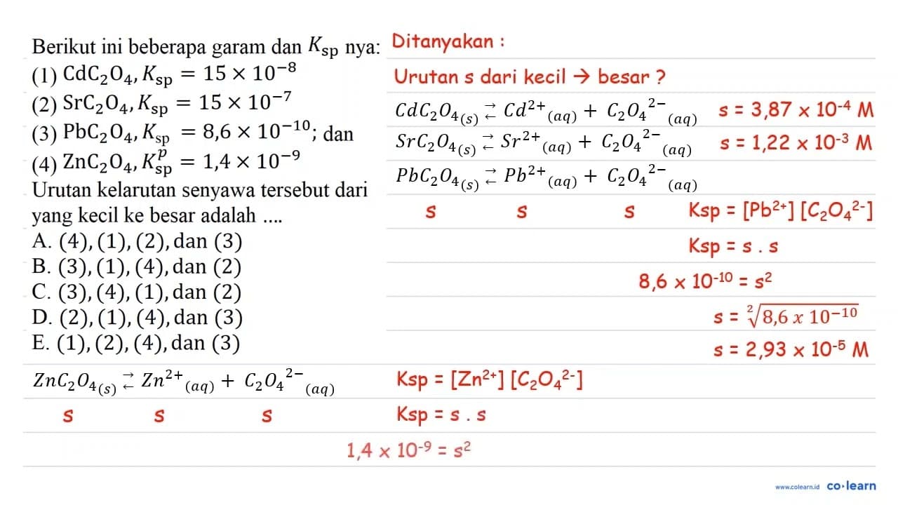 Berikut ini beberapa garam dan K_( {sp nya: (1) CdC2 O4,