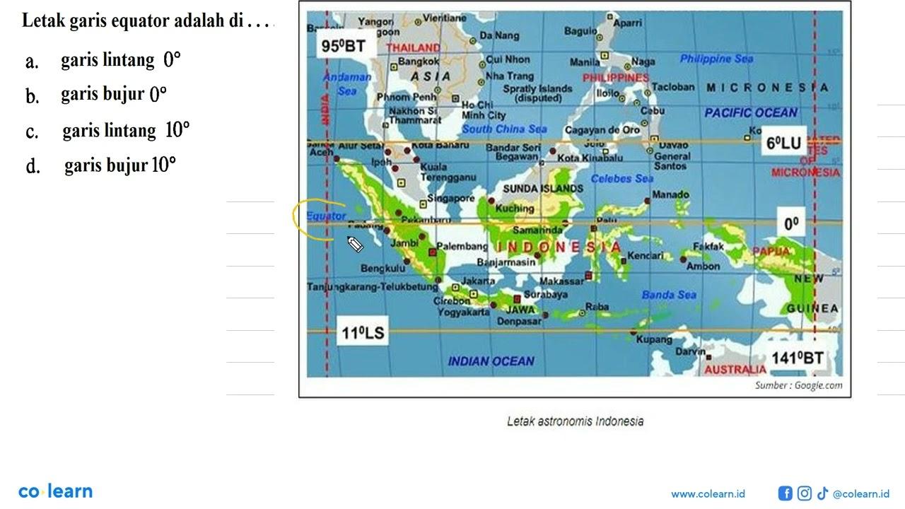 Letak garis equator adalah di ....