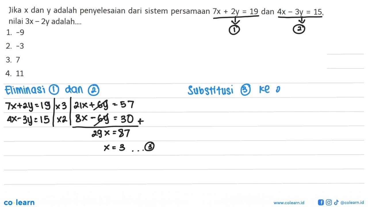 Jika x dan y adalah penyelesaian dari sistem persamaan