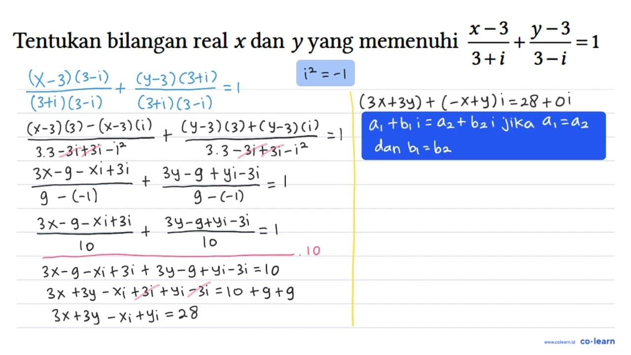 Tentukan bilangan real x dan y yang memenuhi ((x-3)/(3+i) +