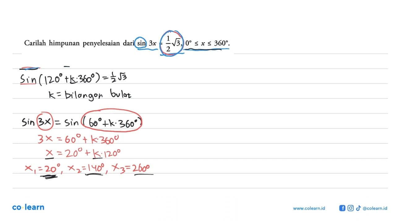 Carilah himpunan penyelesaian dari sin 3x=1/2 akar(3),