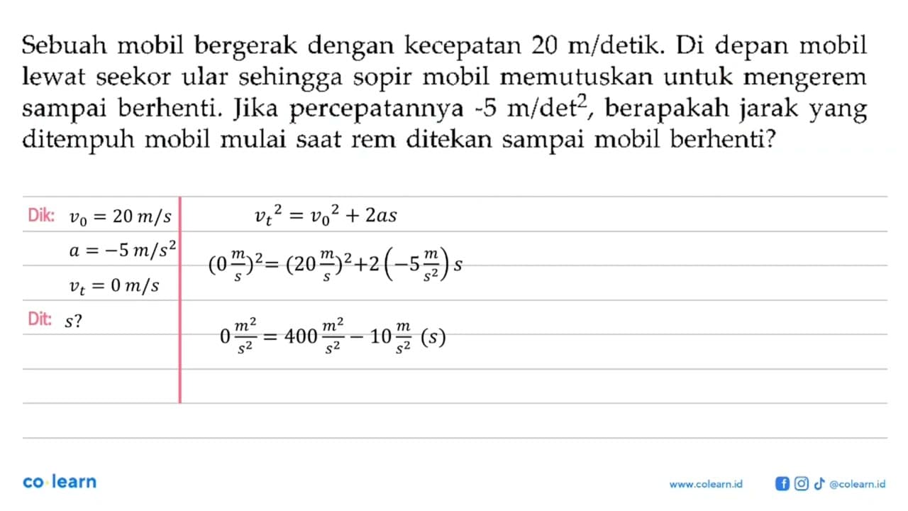 Sebuah mobil bergerak dengan kecepatan 20 m/detik. Di depan