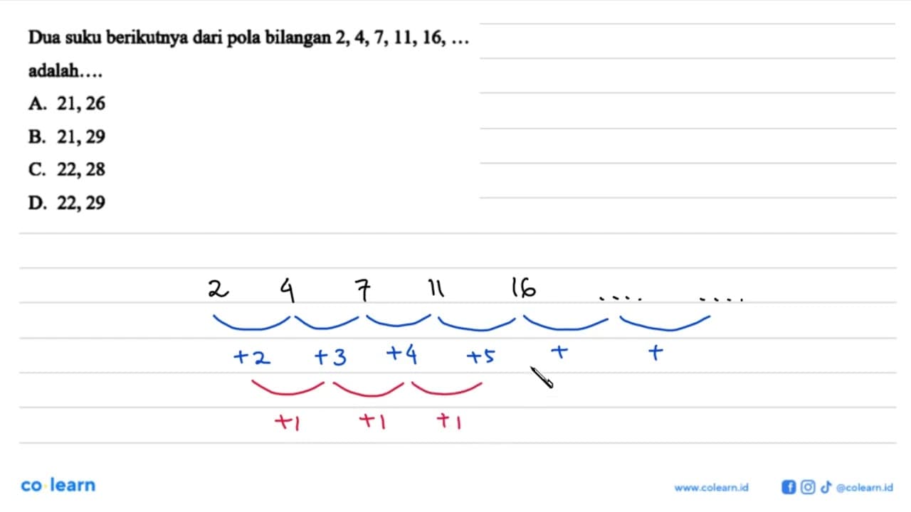 Dua suku berikutnya dari pola bilangan 2, 4, 7, 11,16, ...