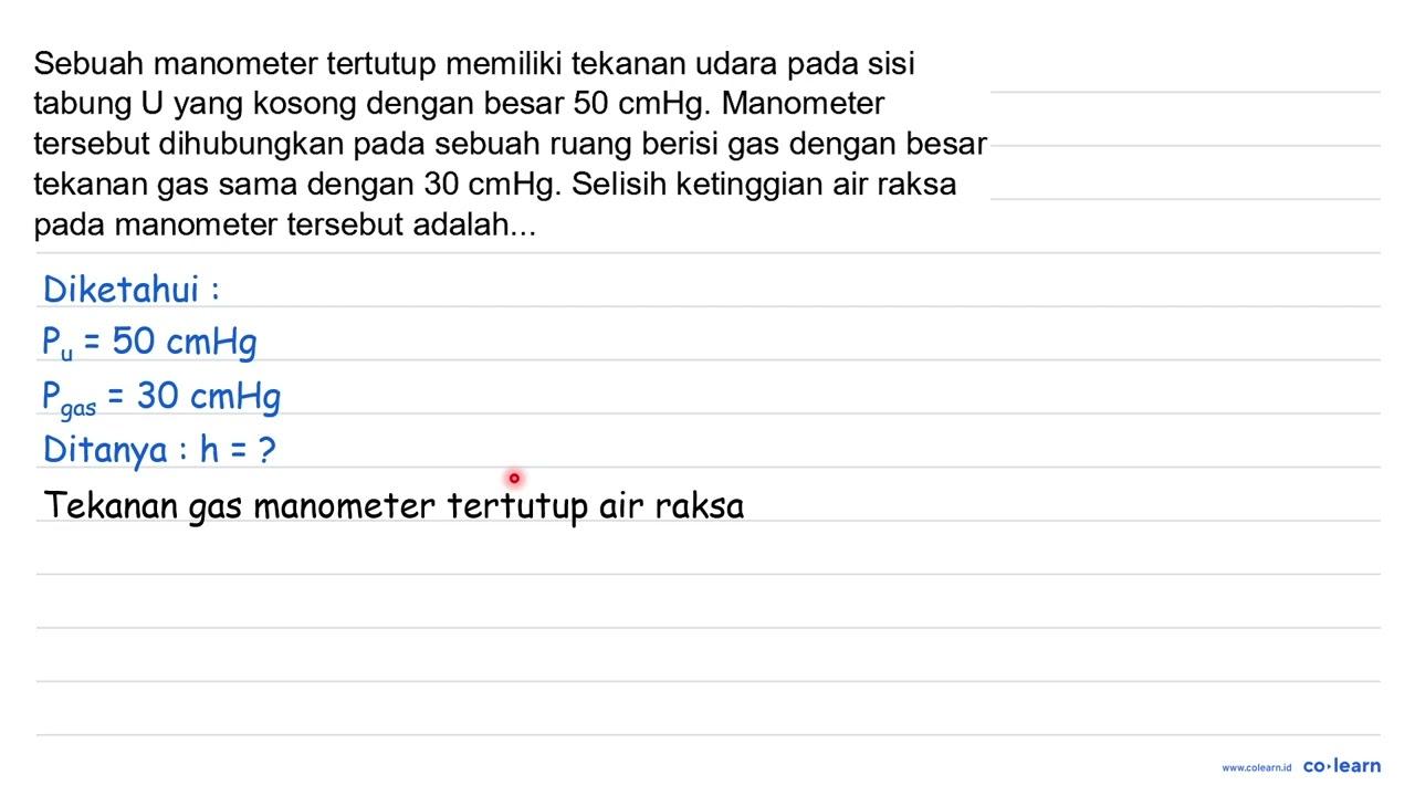 Sebuah manometer tertutup memiliki tekanan udara pada sisi