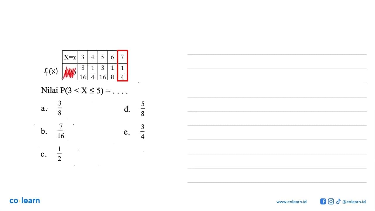 /llllll X=x 3 4 5 6 7 F(x) 3/16 1/4 3/16 1/8 1/4 Nilai