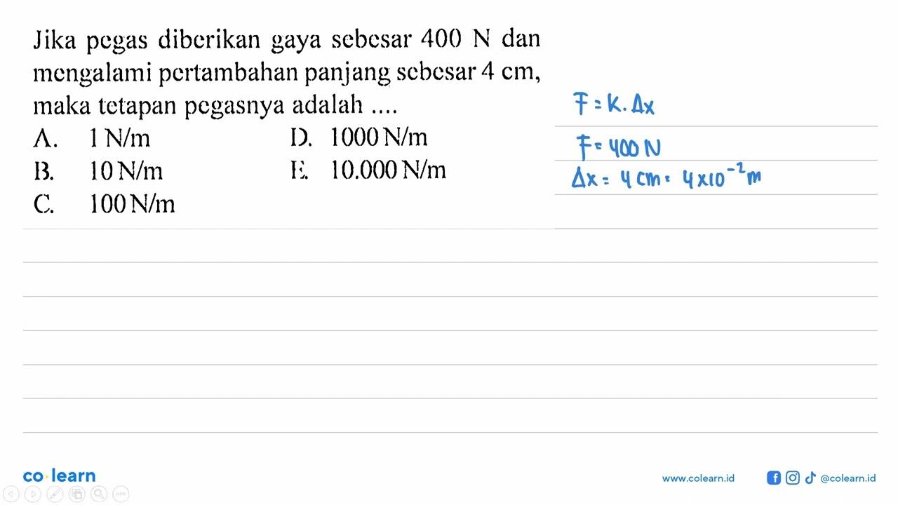 Jika pegas diberikan gaya sebesar 400 N dan mengalami