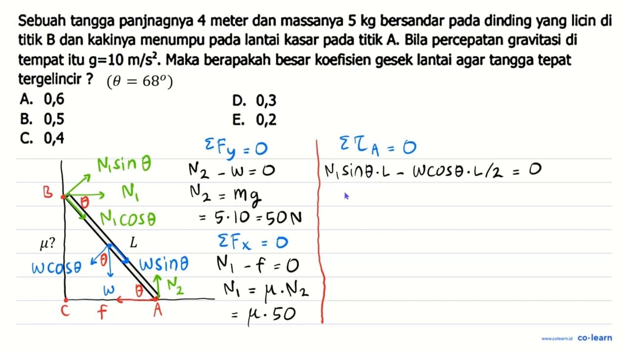 Sebuah tangga panjnagnya 4 meter dan massanya 5 kg