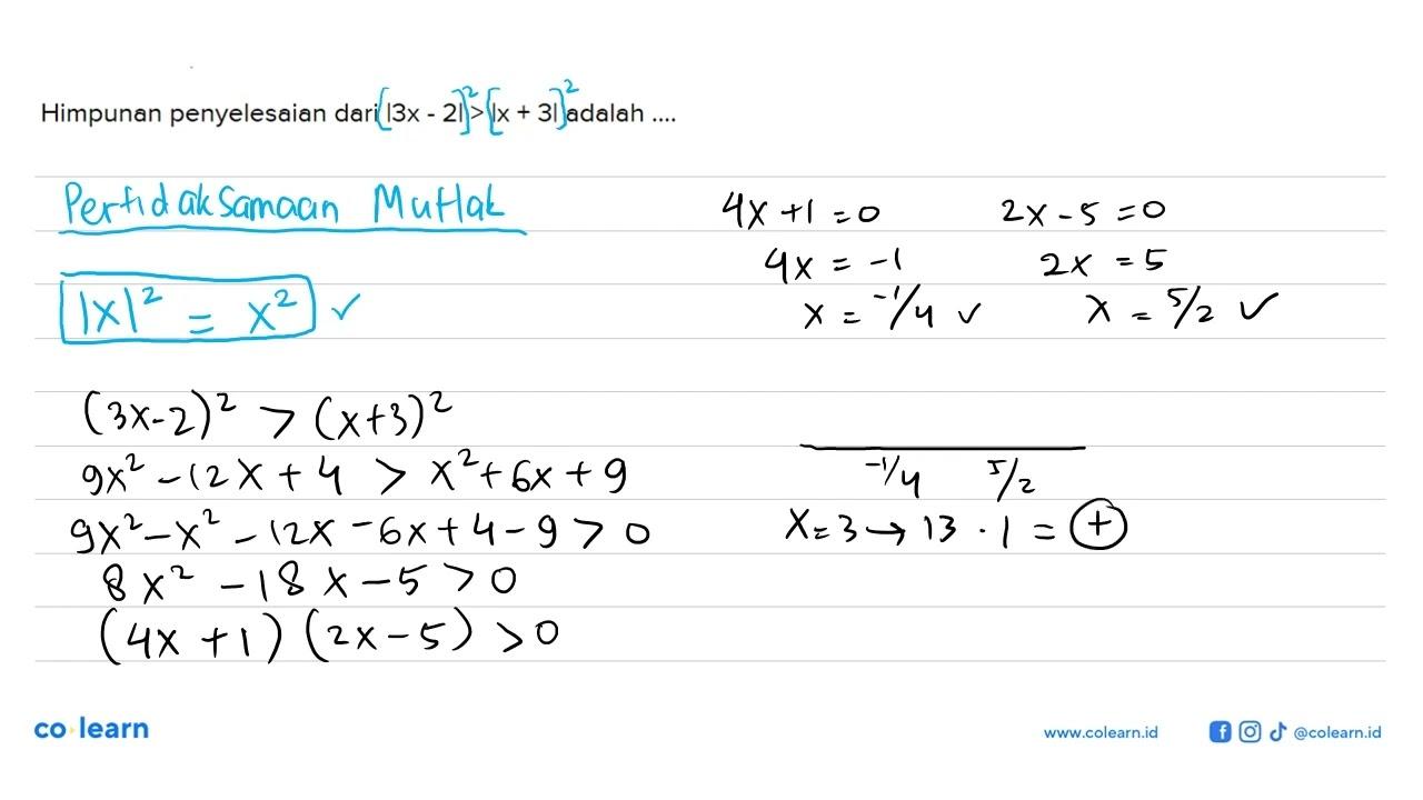 Himpunan penyelesaian dari |3x-2| > |x + 3| adalah....