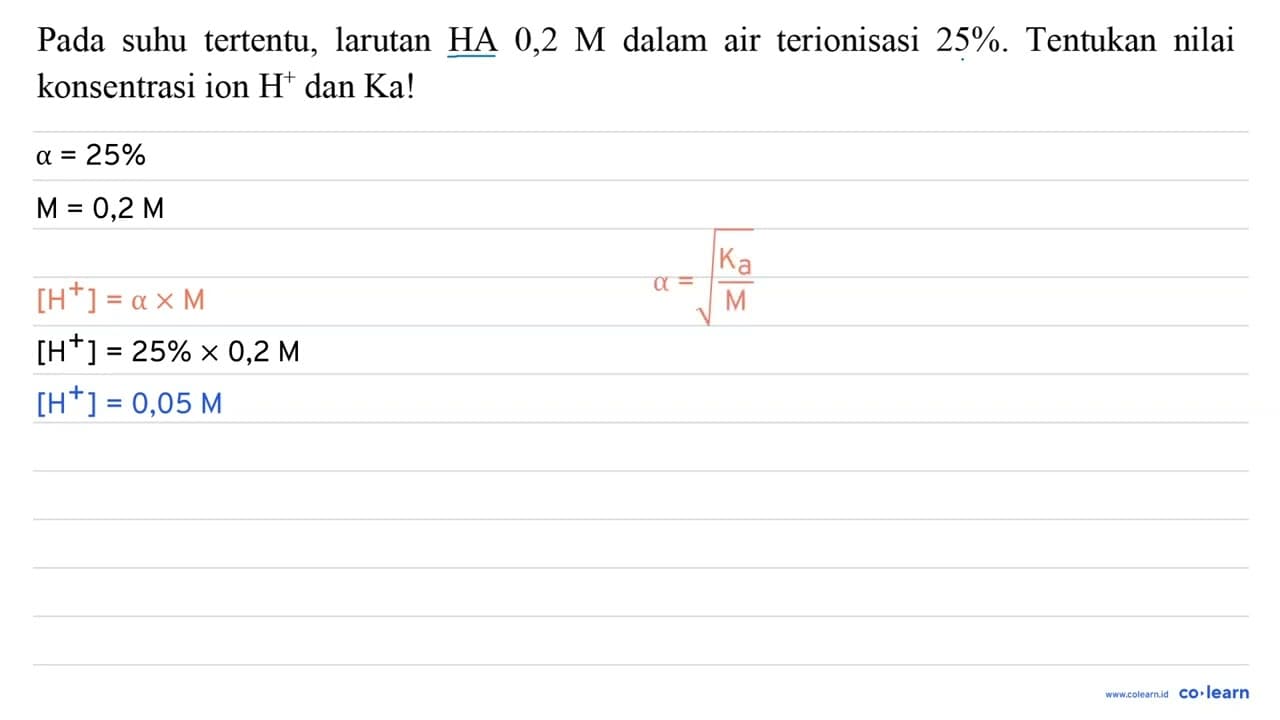 Pada suhu tertentu, larutan HA 0,2 M dalam air terionisasi