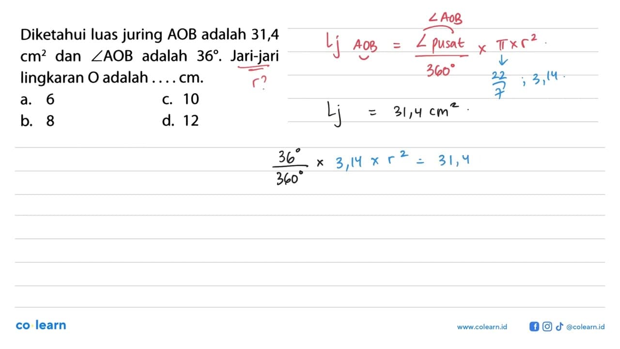 Diketahui luas juring AOB adalah 31,4 cm^2 dan sudut AOB