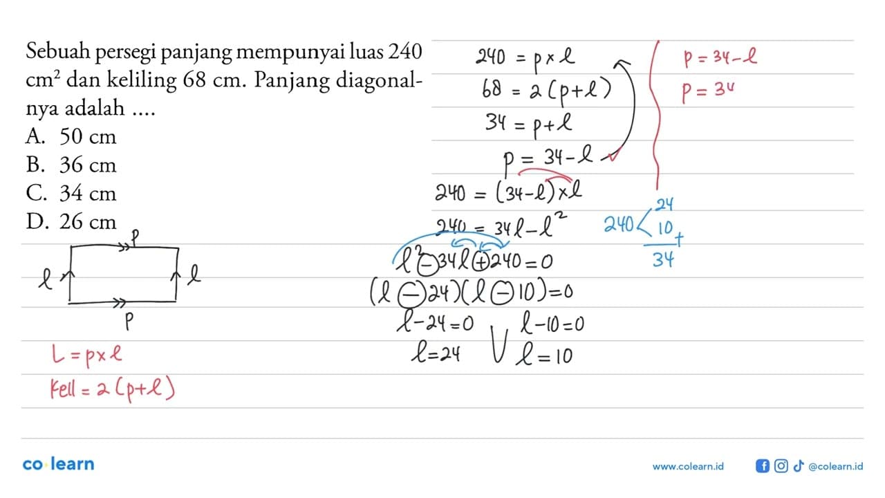 Sebuah persegi panjang mempunyai luas 240 cm^2 dan keliling