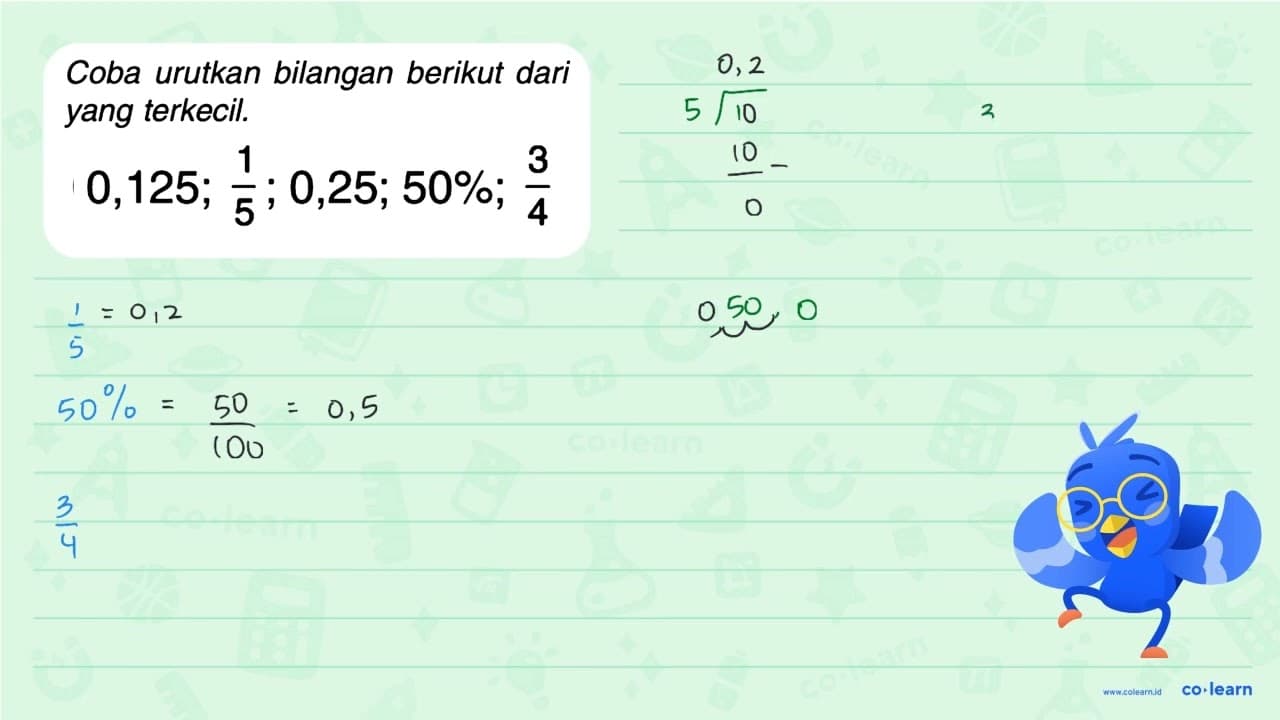 0,125; 1/5; 0,25; 50%; 3/4