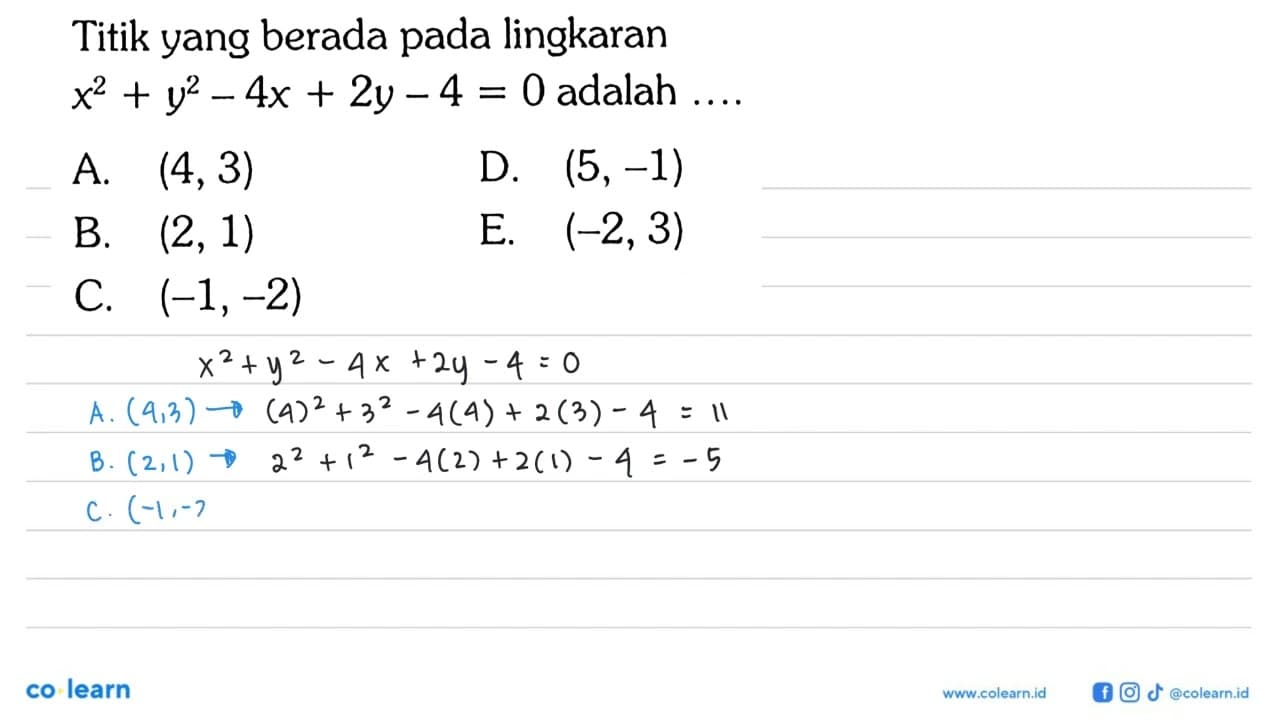 Titik yang berada pada lingkaran x^2+y^2-4x+2y-4=0 adalah