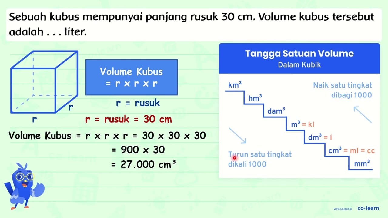 Sebuah kubus mempunyai panjang rusuk 30 cm . Volume kubus