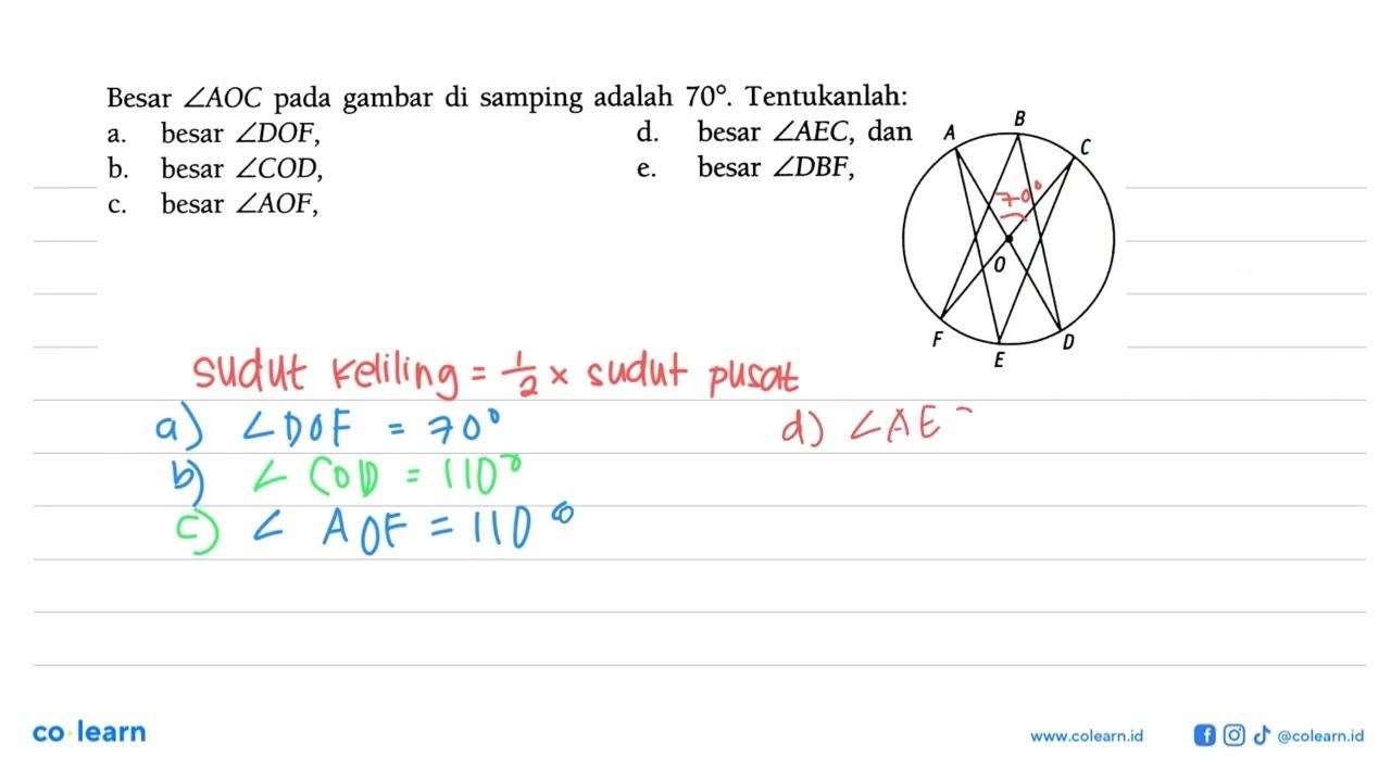Besar sudut AOC pada gambar di samping adalah 70.
