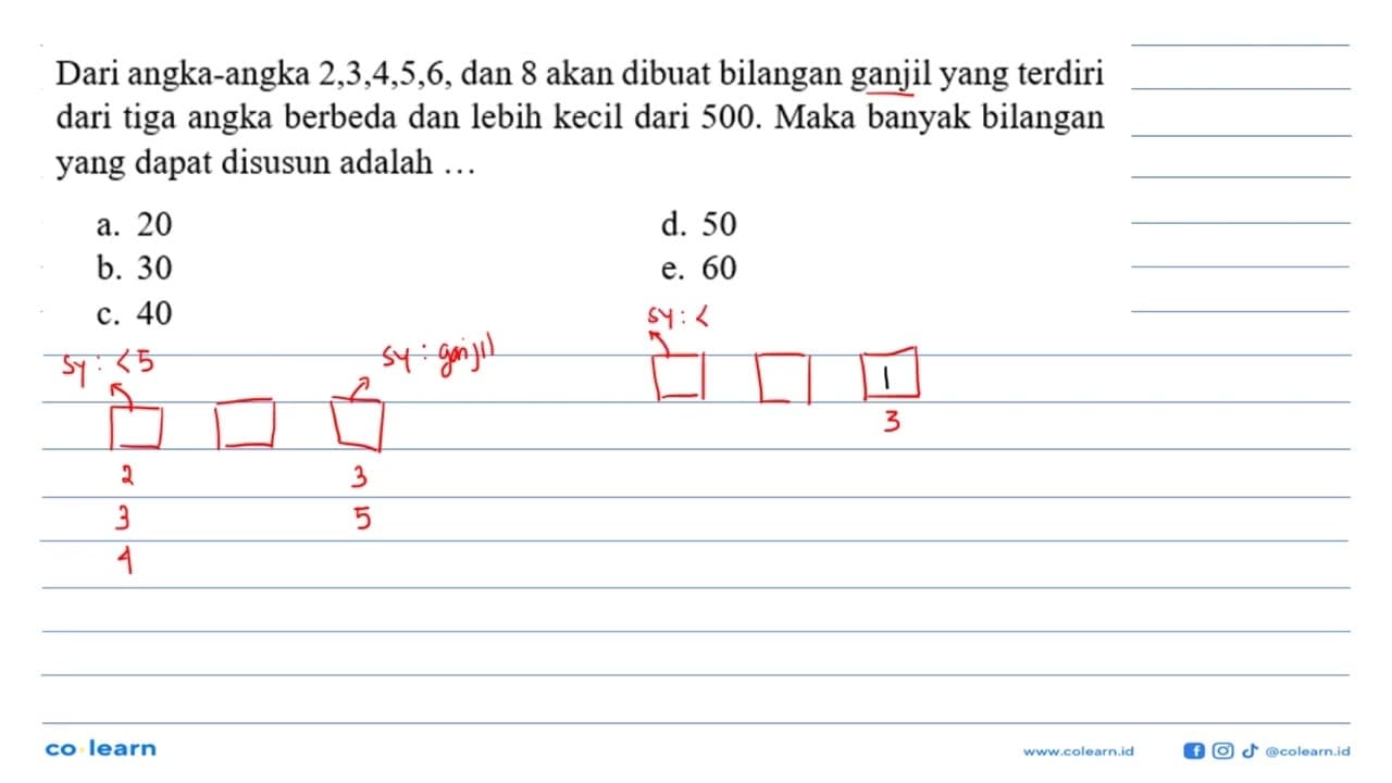 Dari angka-angka 2,3,4,5,6, dan 8 akan dibuat bilangan