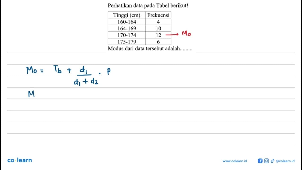 Perhatikan data pada Tabel berikut! Tinggi (m) Frekuensi