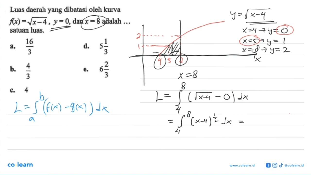 Luas daerah yang dibatasi oleh kurva f(x) = akar(x-4), y =