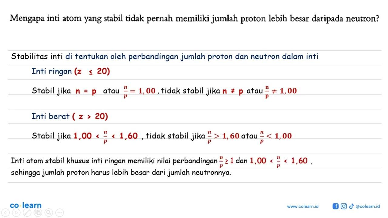 Mengapa inti atom yang stabil tidak pernah memiliki jumlah