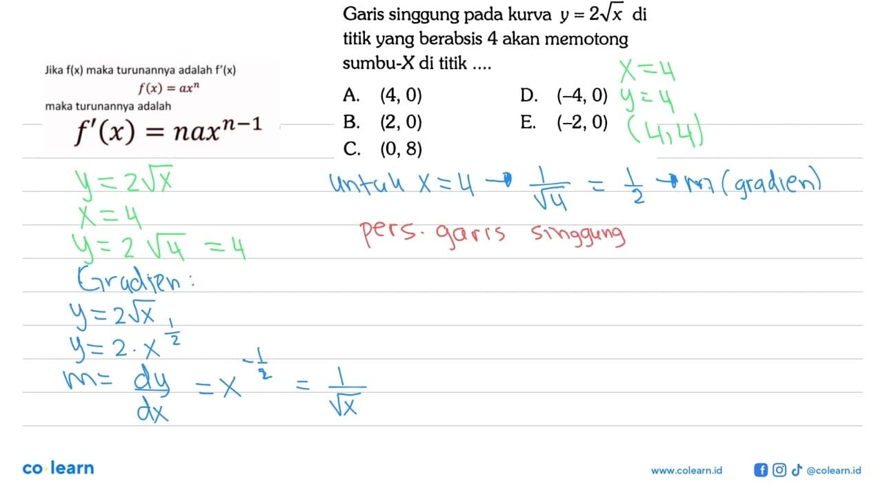 Garis singgung pada kurva y=2 akar(x) di titik yang