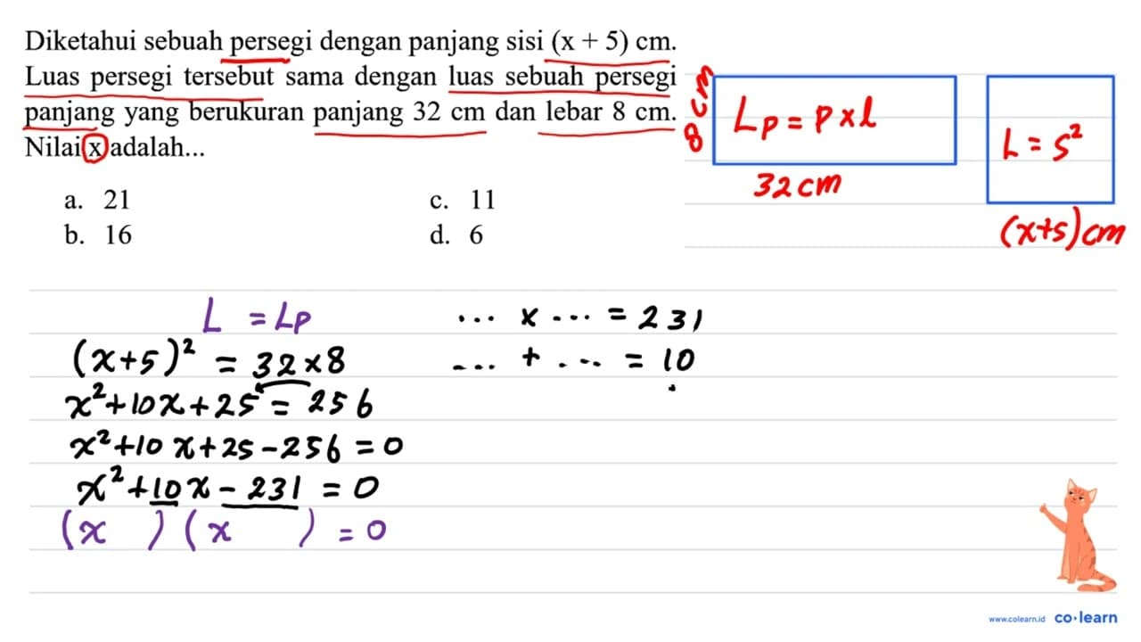 Diketahui sebuah persegi dengan panjang sisi (x+5) cm .