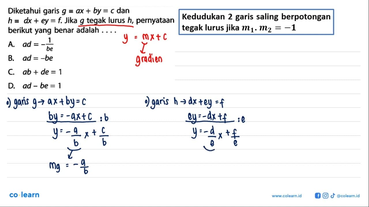 Diketahui garis g ekuivalen ax+by=c dan h ekuivalen dx+ey=f