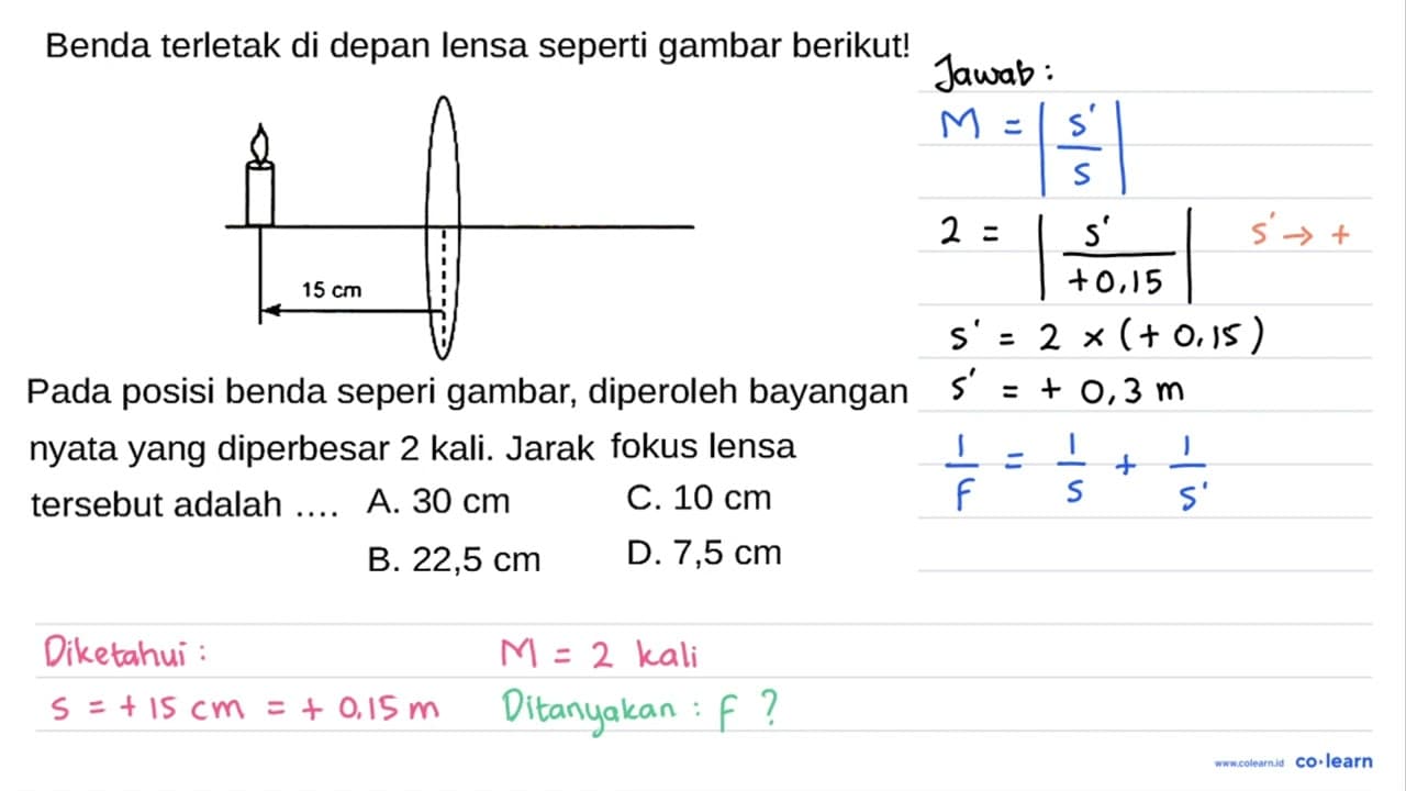 Benda terletak di depan lensa seperti gambar berikut! Pada